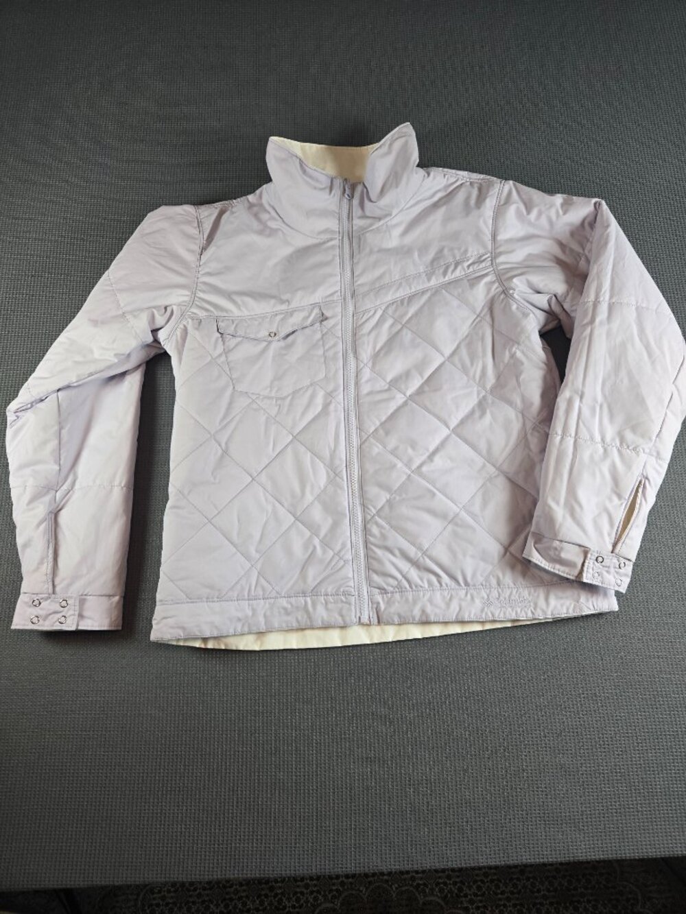 Columbia Reversible Jacket Womens L Lavender Cream Quilted Snap Pockets